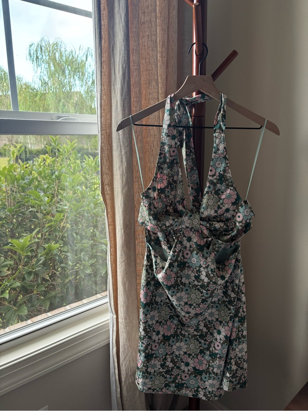 Floral Halter Mini Dress in Green and Pink